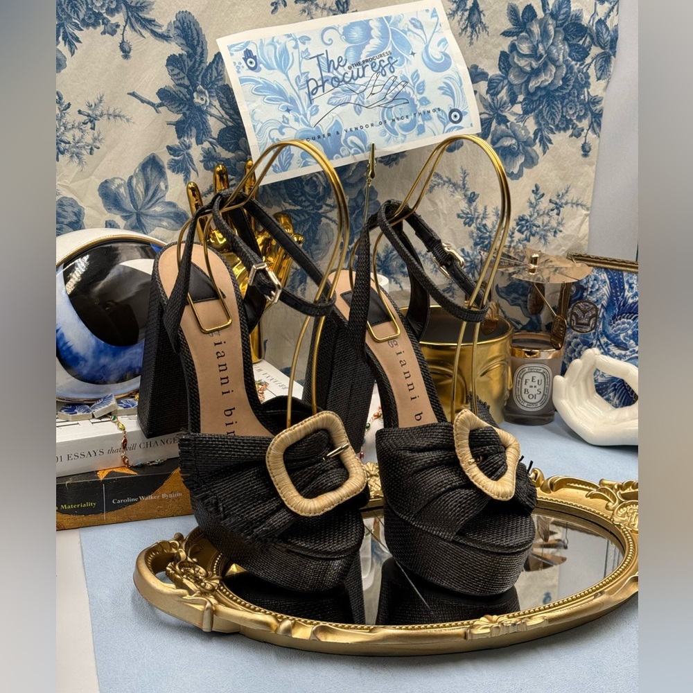 🆕 GIANNI BINI 🧿 NWOB Tobias Raffia Platform Mismatched Buckle Sandals, Sz 7M - Picture 2 of 16
